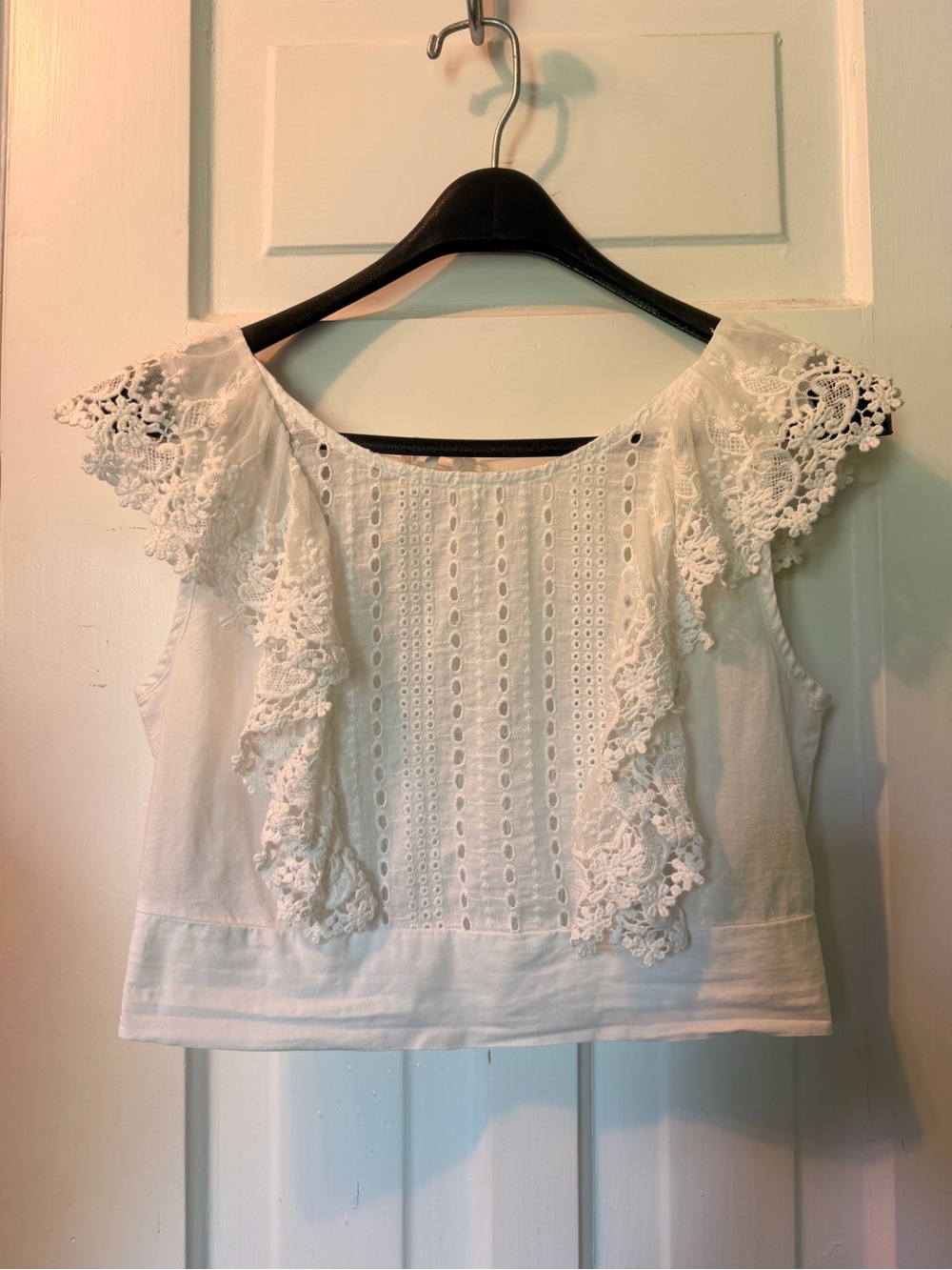 ELA White Lace Trim EYELET Women's Top BOHO- Romantic-
